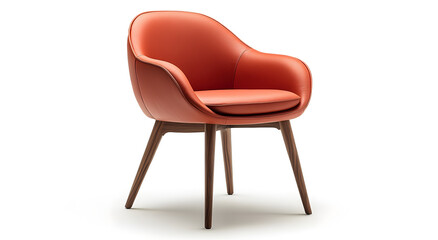 Modern orange armchair with a curved back and wooden legs isolated on a white background studio shot