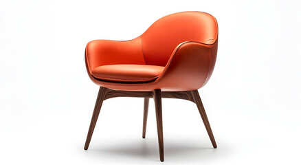 Modern orange armchair with curved back and tapered wooden legs on a white background elegant accent furniture