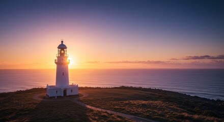Cape Byron Lighthouse at sunrise with glowing ocean horizon