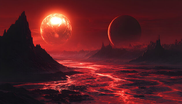 Alien planet landscape with a fiery red sun and glowing lava river under a hazy atmosphere