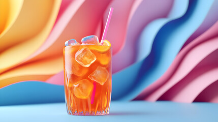 Refreshing iced tea with citrus slices and ice cubes in a tall glass against a vibrant pastel wavy background