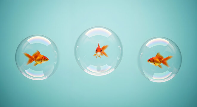 Three goldfish trapped in individual bubbles