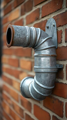 Close up of a weathered metal ventilation pipe attached to a red brick wall with a textured surface