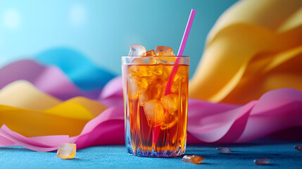 Refreshing tall glass of iced tea with ice cubes and a straw against a vibrant abstract colorful background