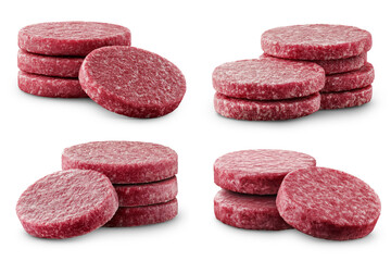 Raw Hamburger Patties Arranged in Groups isolated on White Background