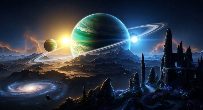 Alien landscape with ringed planets galaxy and ancient ruins under starry sky alien planet exoplanet - Powered by Adobe