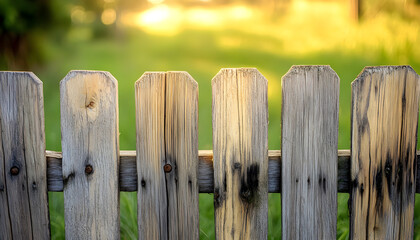 Rustic weathered wooden fence posts in a row with a soft green blurry background and warm sunlight filtering through