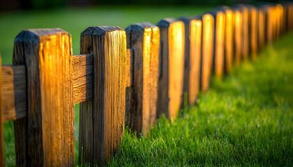 Warm golden sunlight illuminates a rustic wooden fence line bordering a lush green meadow
