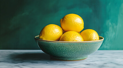 A rustic ceramic bowl filled with vibrant yellow lemons sits on a marble surface against a textured dark green background