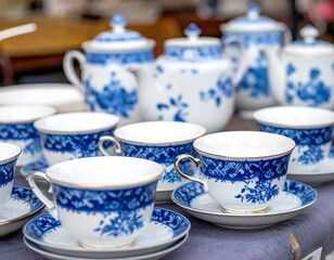 Antique tea set with delicate blue floral patterns on white porcelain, laid out on display