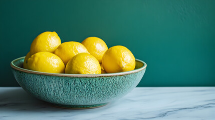 A vibrant bowl overflowing with fresh ripe yellow lemons against a deep teal green textured wall backdrop on a marble surface