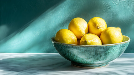 A rustic teal ceramic bowl filled with bright yellow lemons casting dramatic shadows on a textured turquoise background