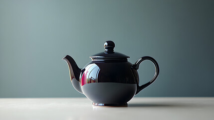 Elegant dark blue ceramic teapot with a glossy finish rests on a white surface against a muted grey background