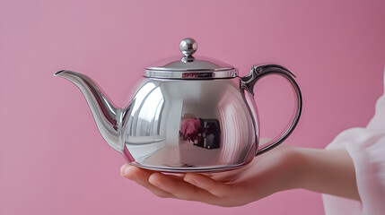 Elegant polished silver teapot held delicately in a person s hand against a soft pink background showcasing a classic design
