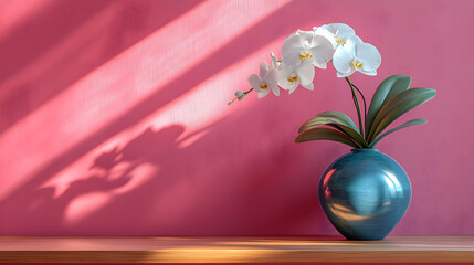 Elegant white orchid in a metallic blue vase casting a delicate shadow against a textured pink wall with striped light