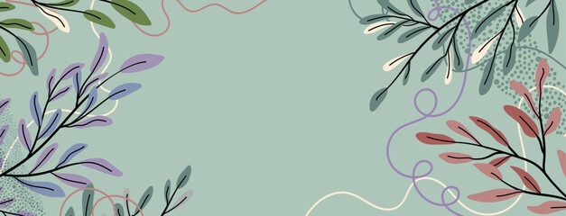 Abstract botanical minimal background with pastel colorful leaves. Frame with empty space for text. Design for banner, invitation for banner, website, flyer, cover. Vector illustration