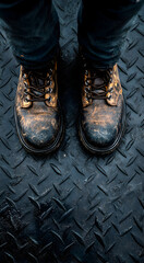 Close up of worn leather work boots standing on a textured metal diamond plate floor in a dimly lit industrial setting