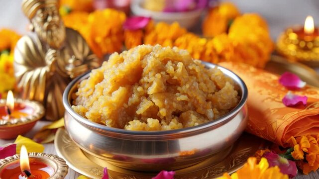 Sweet prasad in a metal bowl with marigold garlands, clay diyas with flames, rose petals, festive dessert offering for a Sikh holy day, community prayer, Guru Nanak Jayanti