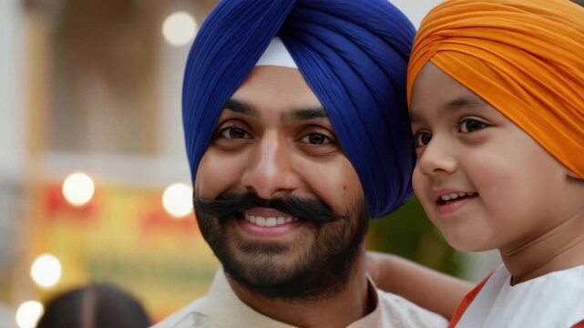 Father with child in colorful turbans during faith celebration, gurdwara courtyard togetherness, cultural attire, devotion prayer gathering, community joy, intergenerational bonding