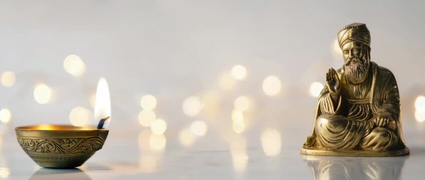 Guru Nanak Jayanti celebration with golden statue and oil lamp banner, spiritual light, Sikh tradition, religious festival, devotion and faith, Indian culture, copy space