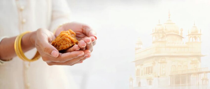 Female hands holding prasad in front of Golden Temple, Guru Nanak Jayanti banner, wide format, spiritual offering, Sikh celebration, religious harmony, sacred background, copy space, festive design