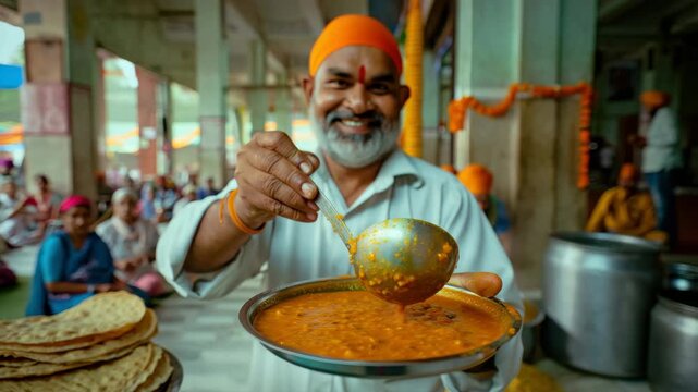 Guru Nanak Jayanti Celebration with Langar Community Kitchen Service, Sikh Volunteer Serving Food, Traditional Festive Gathering, Spiritual Event, Cultural Harmony and Equality