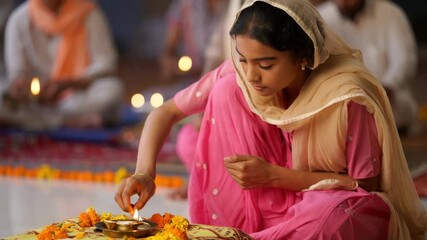 Young woman lighting diya during Guru Nanak Jayanti celebration, traditional attire, spiritual devotion, Indian festival, religious ritual, marigold flowers, cultural ceremony, peaceful atmosphere - Powered by Adobe
