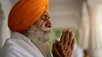 Sikh elder in orange turban praying with mala beads, Guru Nanak Jayanti celebration, spiritual devotion, traditional attire, closed eyes, peaceful moment, religious practice - Powered by Adobe