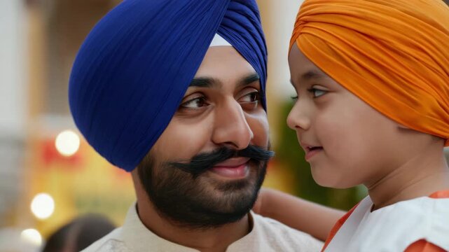 Sikh man and child in traditional turbans during Guru Nanak Jayanti celebration, cultural heritage, religious festival, family bond, joyful expression, father and son connection, community tradition
