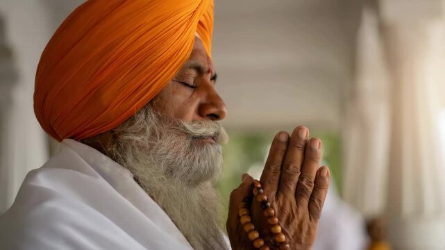 Sikh elder in orange turban praying with mala beads, Guru Nanak Jayanti celebration, spiritual devotion, traditional attire, closed eyes, peaceful moment, religious practice