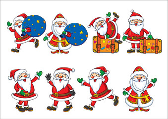 Cute Santa Claus Characters Set – Funny Christmas Illustrations of Santa with Suitcase, Waving, Laughing, and Posing for Holiday Travel and Festive Design Projects