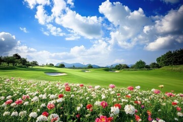 Fototapeta premium Vibrant flowers blooming on a sunny golf course with a scenic backdrop of rolling hills