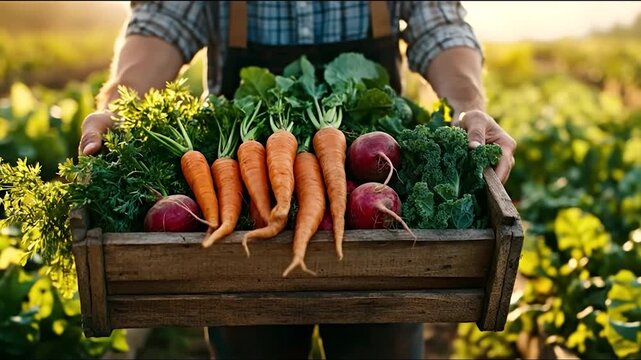 Farmer holding fresh vegetables from garden