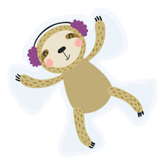 Sloth in earmuffs, making snow angel isolated on transparent. Hand drawn flat vector illustration. Cute cartoon character. Traditional Christmas, New Year design element, clip art