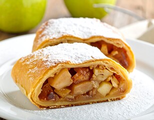 Apple strudel slices on white plate with powdered sugar, green apples blurred behind