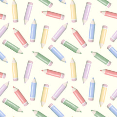 Seamless pattern with colorful pencils in pastel tones. Cute school and art background for stationery, fabric, wrapping paper, or kids&rsquo; design. Vector illustration for education and creativity themes.