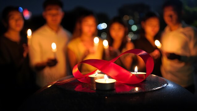 A group of diverse individuals holding lit candles in a solemn vigil illuminated by soft light symbolizing unity and remembrance