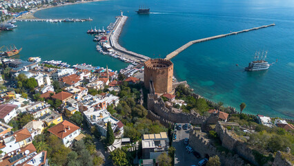 Alanya - Turkey, October 26, 2025, An aerial view of the bay Alanya in Antalya Turkey. Sea and city...