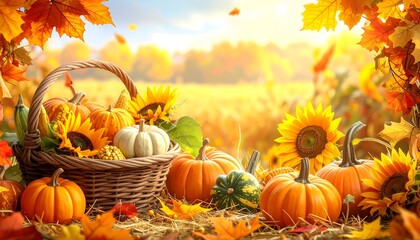 Autumn Harvest - Pumpkins, Sunflowers, and Fall Foliage Abundance.