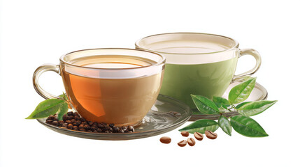 Coffee and green tea beverages isolated on white background, high-resolution