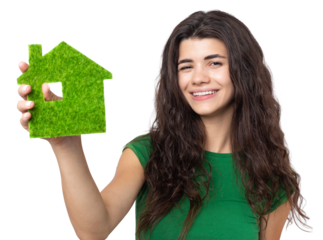 Happy house buyer. A young girl holds a model of a green house in her hands. The concept of green energy, ecology.