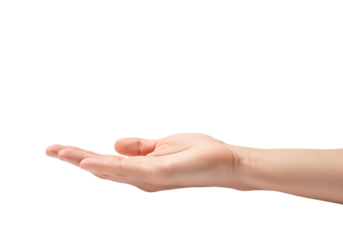 Open human hand holding something isolated on transparent background, concept of giving