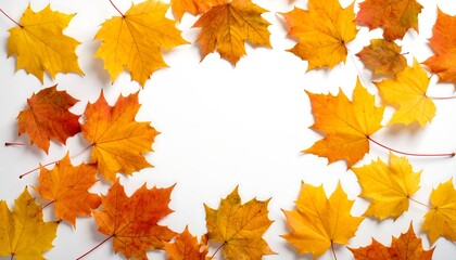 Autumn leaves frame on white background, vibrant fall colors.