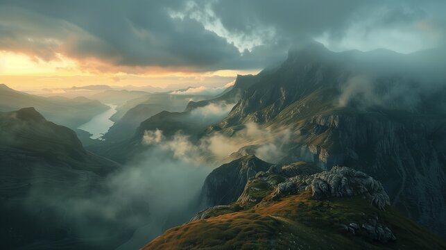 Atemberaubende Weitwinkel-Landschaft einer nebelverhangenen Bergkette mit aufgehender Sonne am Horizont