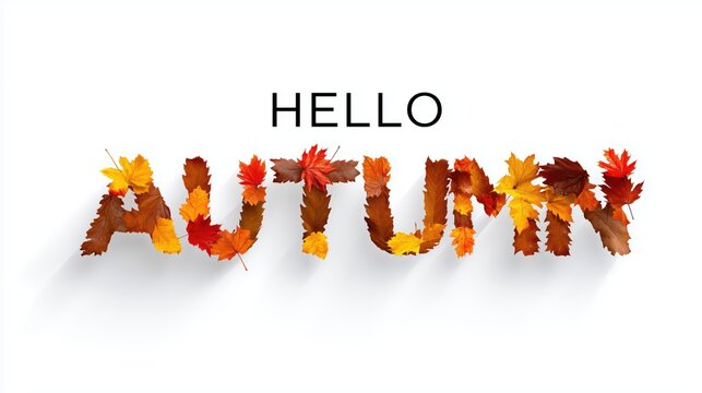 Hello Autumn word made of pine cones with colorful fall leaves on white background, seasonal decoration and foliage concept