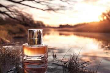 Perfume bottle reflecting sunset hues near tranquil waters in a serene landscape