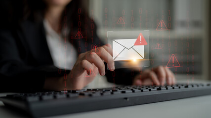 Phishing email alert concept showing digital envelope with warning sign represents data theft, network breach, and email security threats. Parse