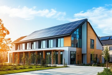 Obraz premium Modern eco-friendly building with solar panels in a sunny urban setting