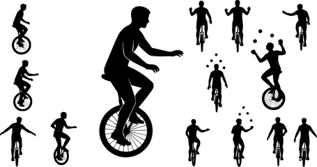 circus player , riding bike , juggling silhouette vector illustration 