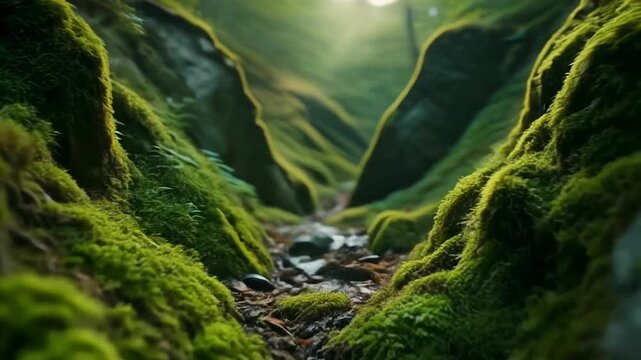A lush green canyon path covered in moss, with dappled sunlight filtering through the trees above